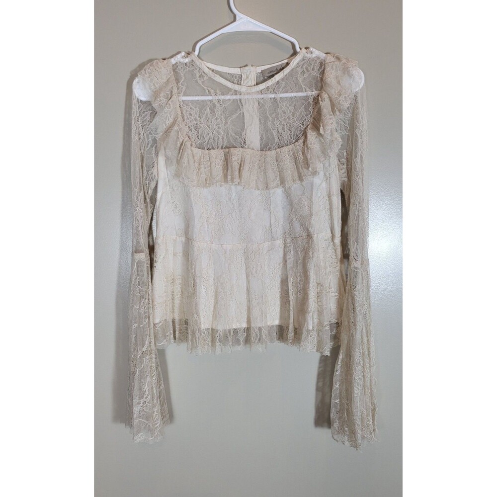 Womens S Ivory Lace Peplum Top Sheer Bell Sleeve Coquette Cottagecore Fairycore